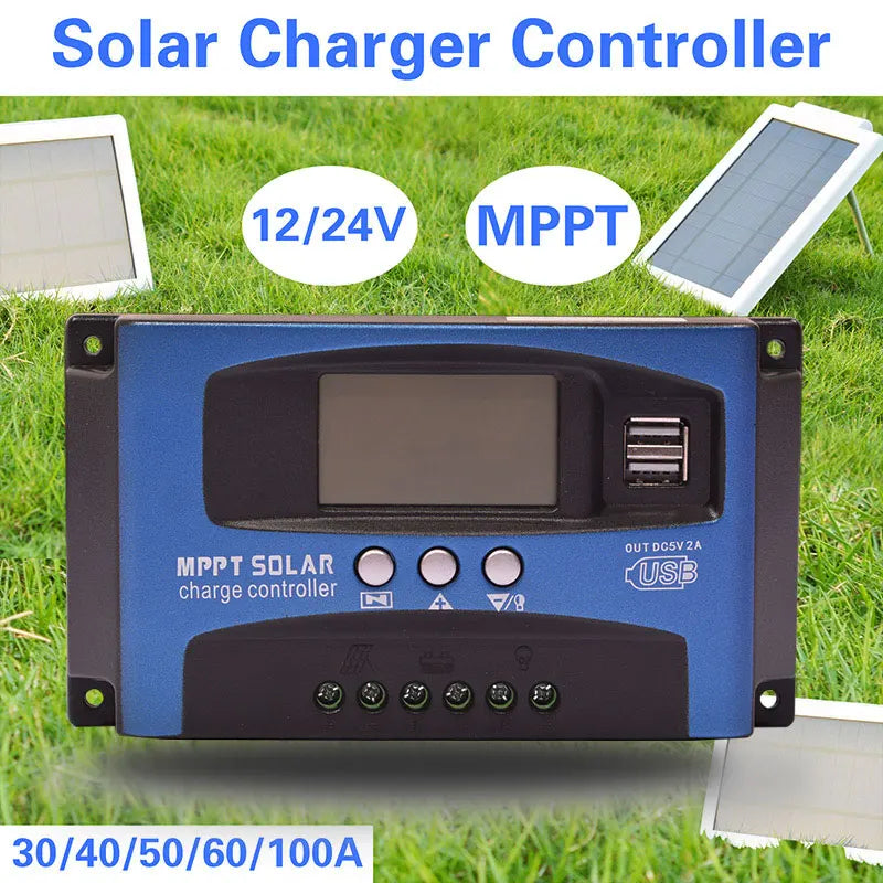 30/40/50/60/100A MPPT Solar Charge Controller, Charge controller for 12/24V solar systems with dual USB ports and LCD display, supports up to 100A.