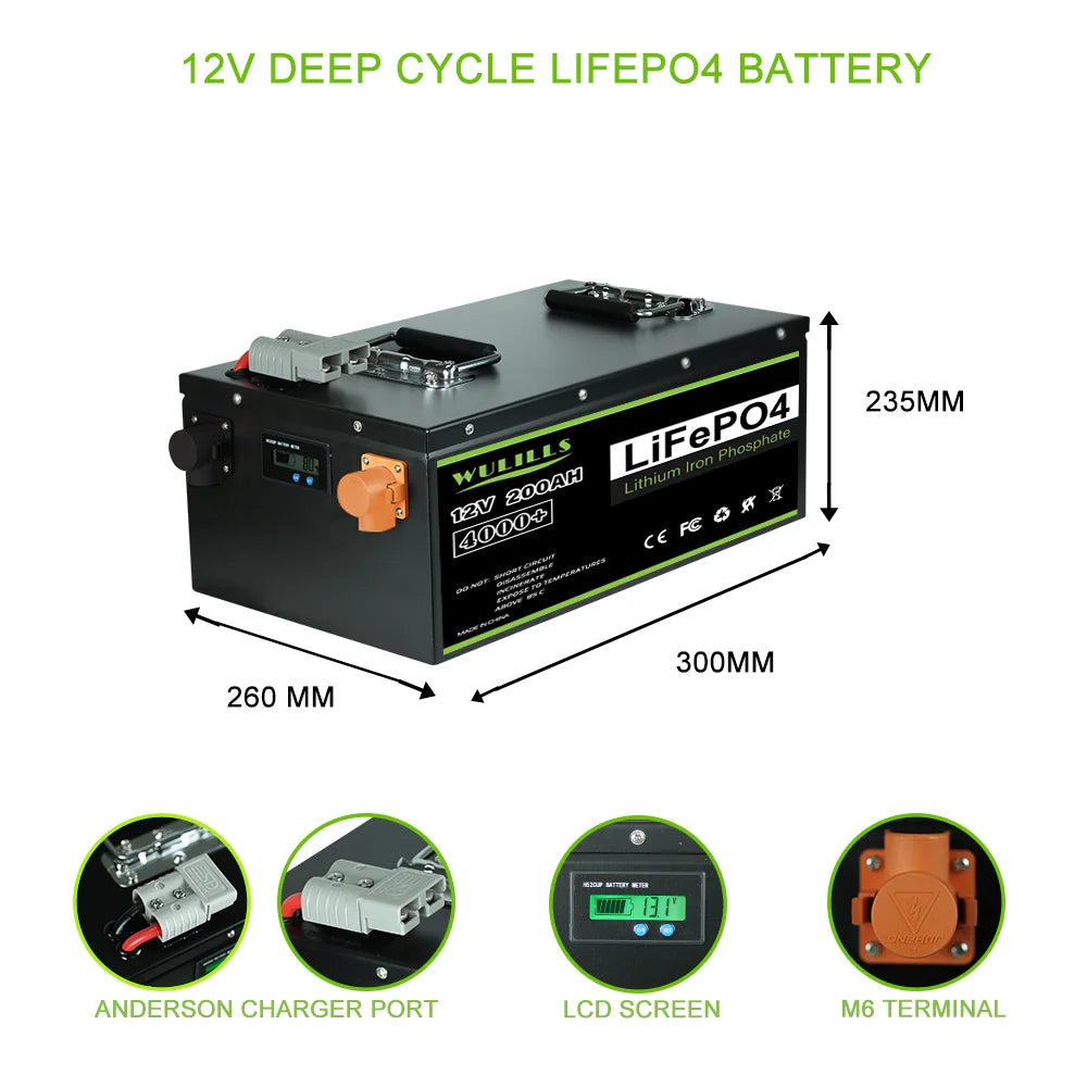LifePO4 battery for home energy storage & solar power with LCD screen, M6 terminals, and Anderson charger ports.