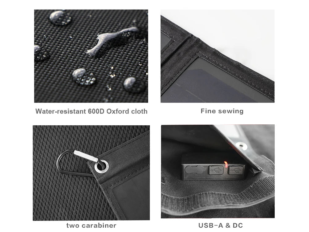 Solar Panel, Durable water-resistant pouch for charging cables, made of Oxford cloth with fine sewing and secure carabiners.