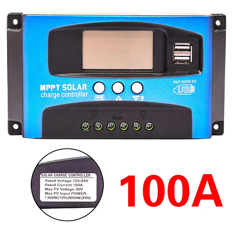 30/40/50/60/100A MPPT Solar Charge Controller, MPPT solar charger for 12V/24V solar panels, dual USB ports, and LCD display.