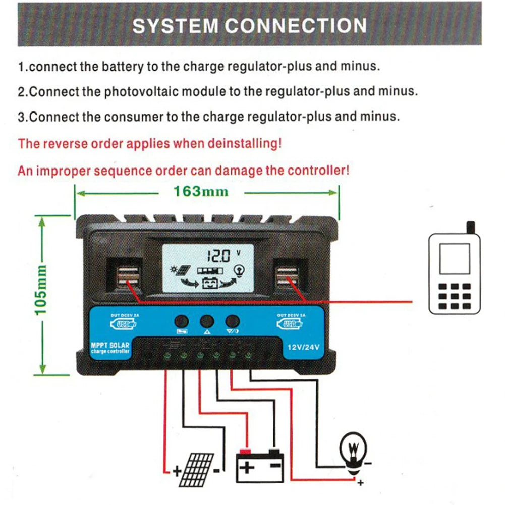 30A 40A 50A MPPT Solar Charge Controller, Connecting solar power system: Connect battery, solar panel, and loads to charge controller in this specific order.