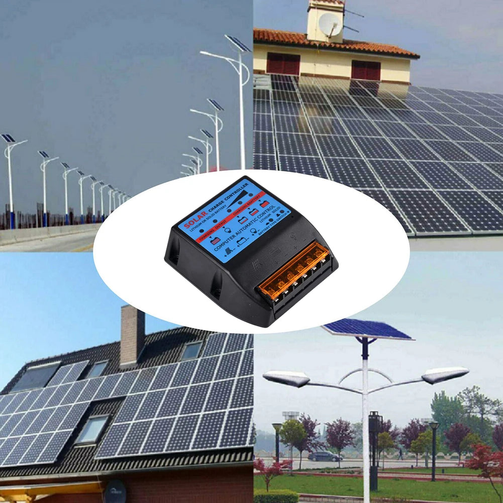 Solar Controller, Advanced solar charger controller with automatic adaption for 12V or 24V batteries, featuring a sleek blue design.