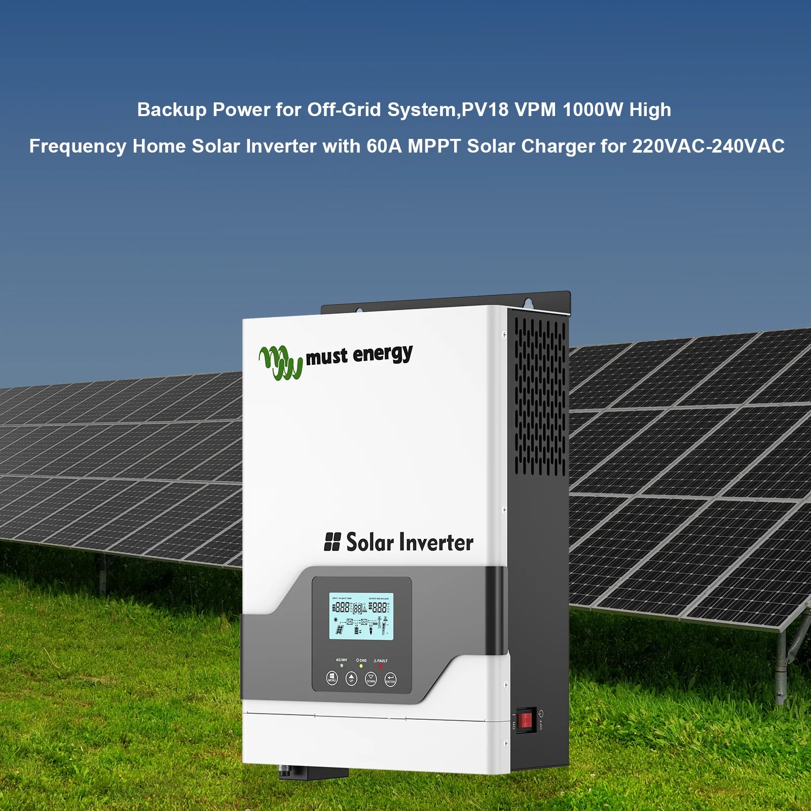 Hybrid solar inverter for off-grid systems with backup power and compatibility with various load types.