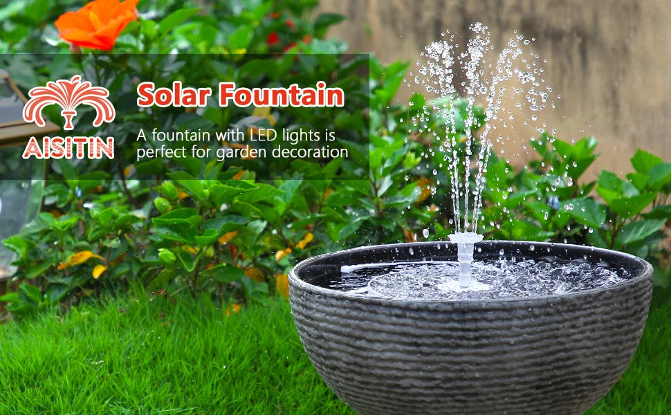 AISITIN 5.5W LED Solar Fountain, Solar-powered fountain with LED lights for ambient outdoor decoration.