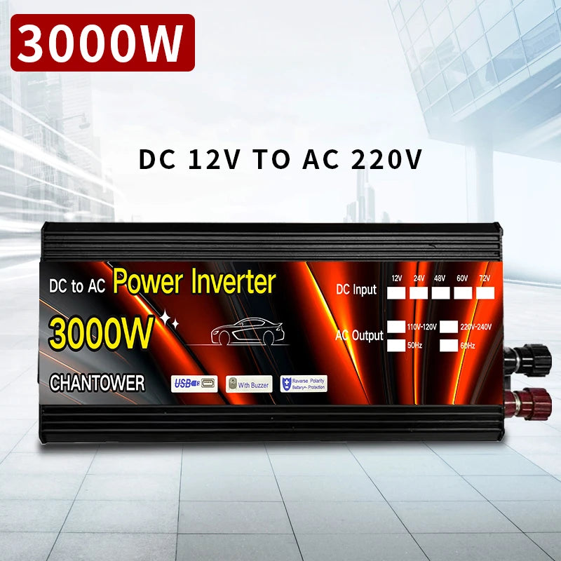 Modified sine wave inverter: 3000W DC to AC 220V conversion with USB charging.