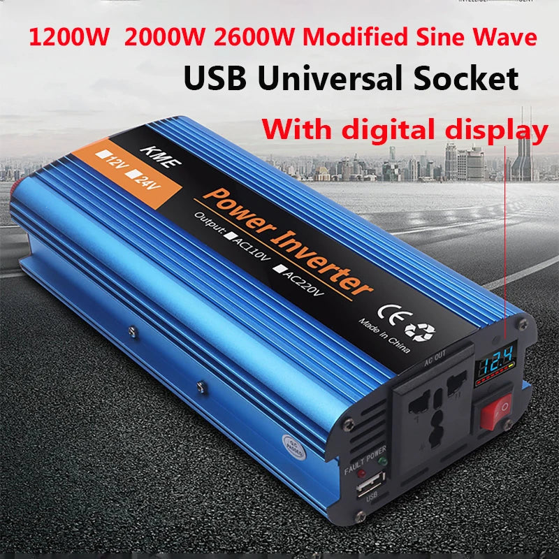 Modified sine wave inverter converts DC power to AC, suitable for solar panels and cars, with digital display.