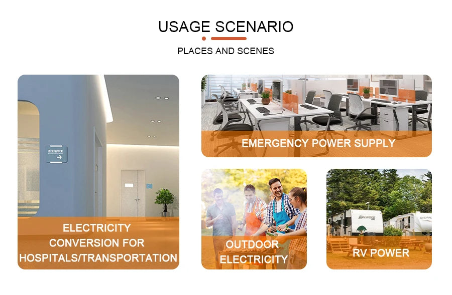 Multi-purpose inverter for emergencies, outdoor use, and specific industries, converting DC power to AC with pure sine wave.