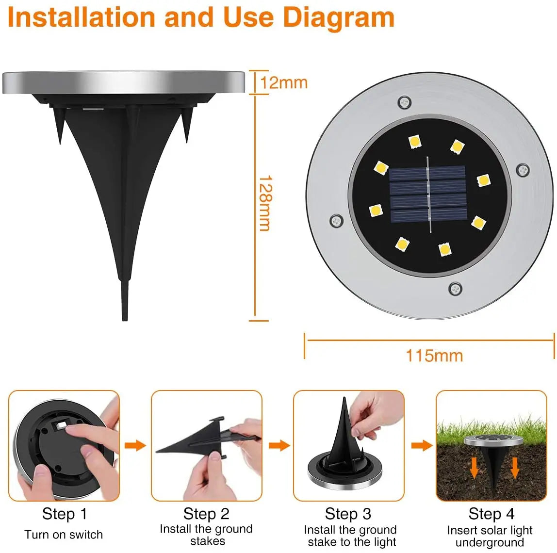 Upgraded 8/16 LED Solar lawn Light, Install solar-powered lights by inserting stakes and turning on the switch; no wiring needed.