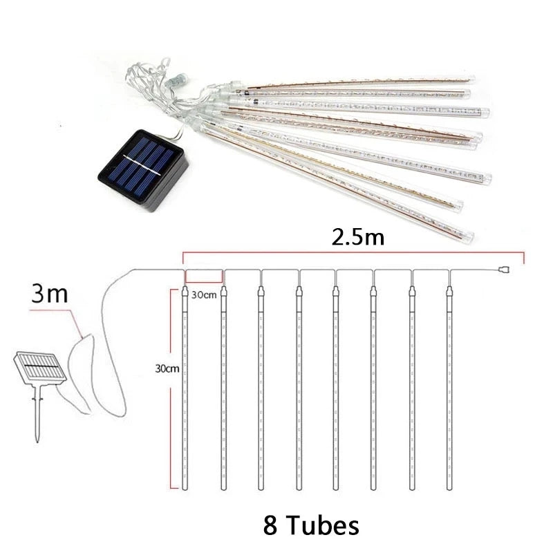 Solar-powered LED string lights with high-efficiency panels and built-in battery for outdoor use.