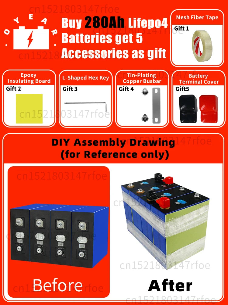 Lifepo4 Battery, Lifepo4 rechargeable battery with 280AH capacity, includes accessories and DIY assembly guide for building.