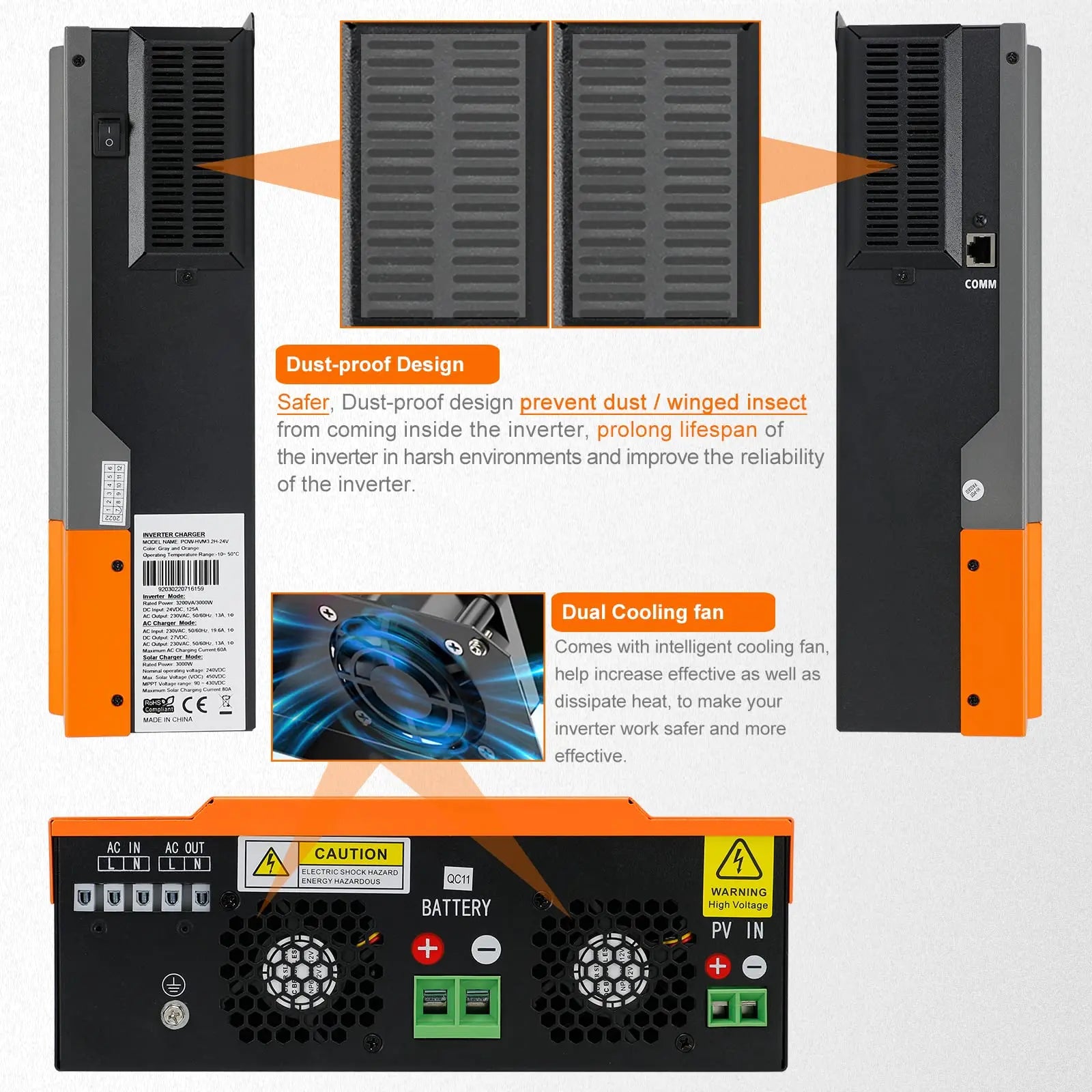 PowMr Hybrid Solar Inverter, Solar Inverter with MPPT, suitable for lithium, lead-acid and pure sine wave battery charging.