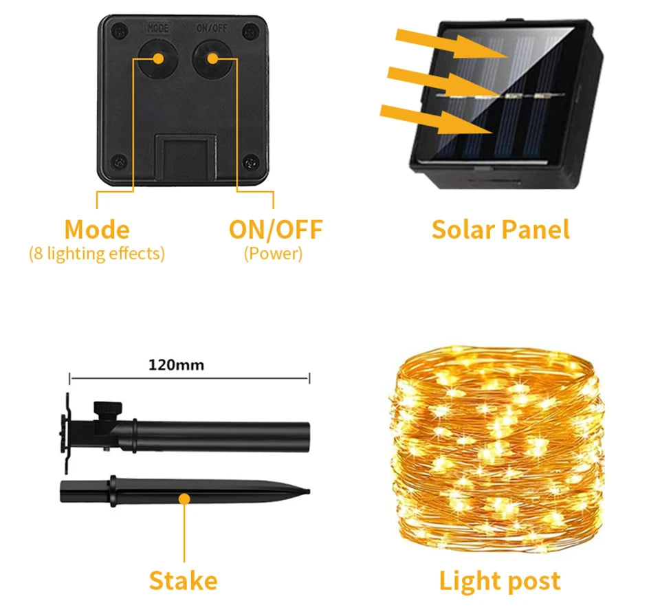 Solar String Fairy LED Light, Solar-powered lamp post with features like on/off mode and 8 lighting effects.