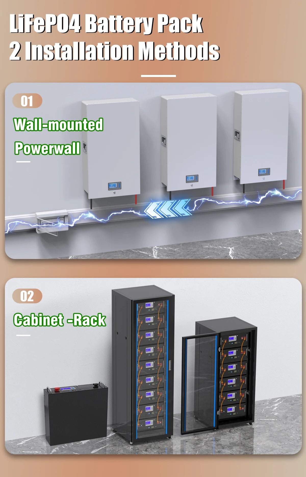 LiFePO4 Battery, Solar battery pack with 48V, 200Ah, and 10kW power for solar applications with BMS and parallel connectivity.