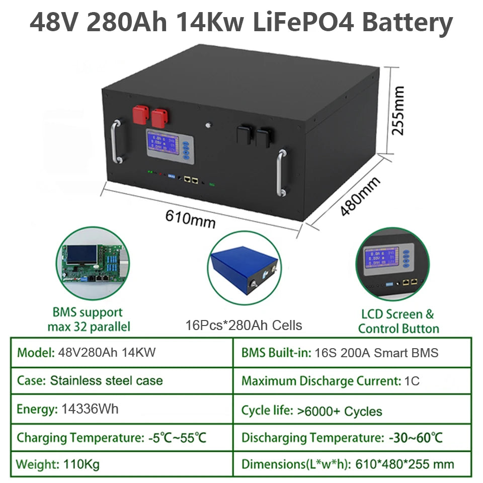 New 48 280Ah LiFePO4 14Kwh Battery, High-capacity lithium-ion battery pack for solar systems with 14Kwh capacity and long lifespan.