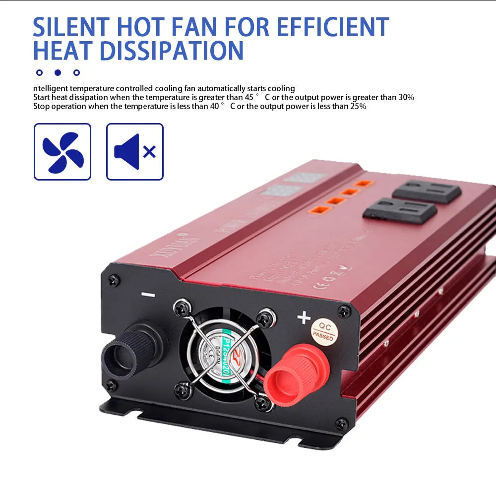 110/220V 4000W Car Inverter, Smart Cooling Fan: Automatically cools when temp exceeds 45°C/30%, stops at 40°C/25%