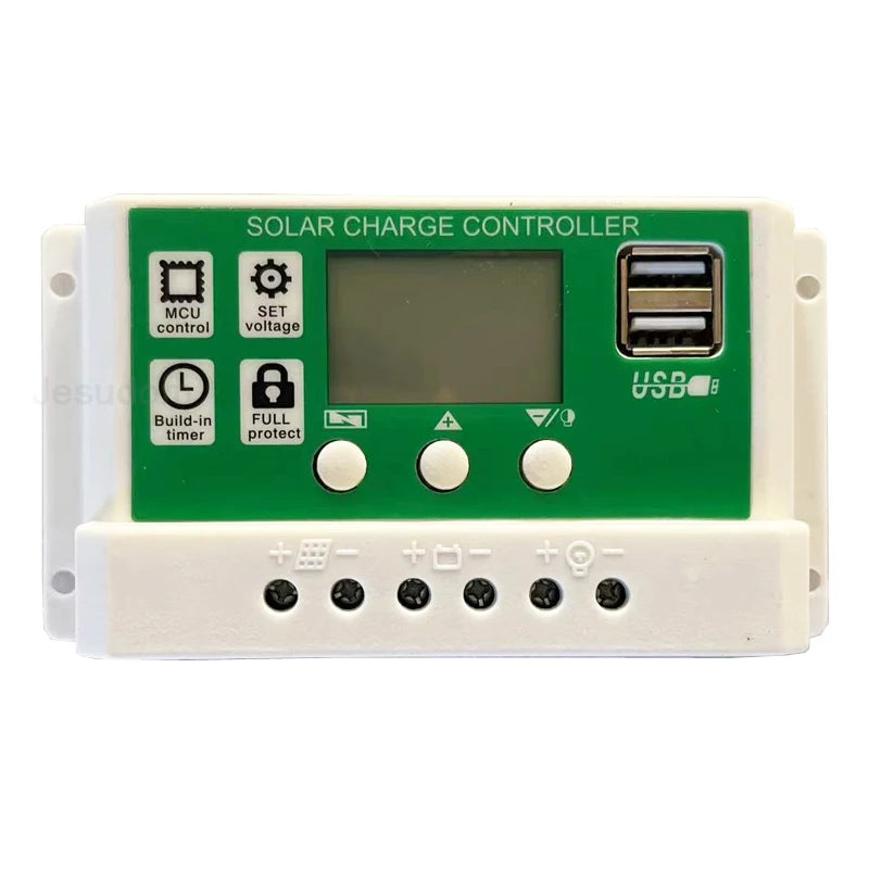 Solar charge controller with built-in timer and overcharge protection for safe energy storage, controlled by MCU.