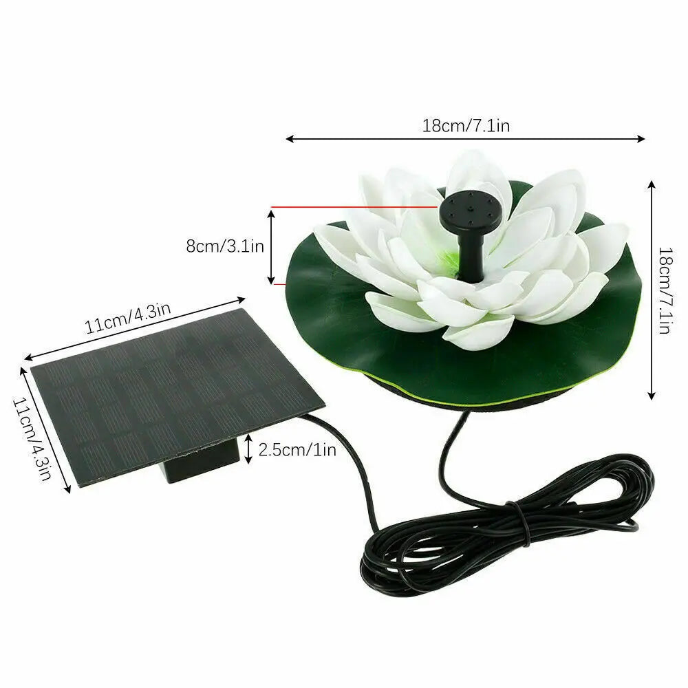 Mini Lotus Solar Water Fountain, Dimensions: small rectangular box, approximately 7 inches long, 3 inches wide, and 1 inch tall.