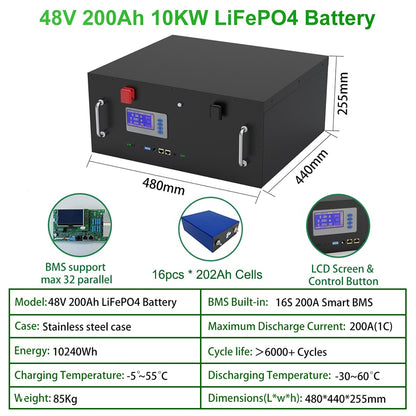 LiFePO4 48V 300Ah 200Ah 100Ah Battery Pack - 15Kw 6000 Cycle 16S BMS 51.2V RS485/CAN PC Control Off/On Grid Solar Storage Battery