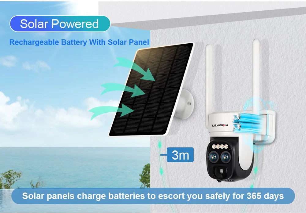 LS VISION LS-CS1 Solar Camera, Rechargeable solar-powered battery with integrated solar panel provides reliable power for 365 days.