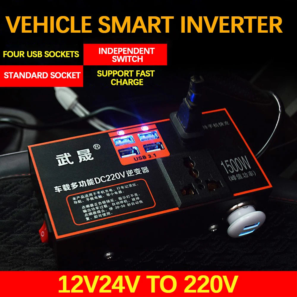 Car inverter with four USB ports and fast charging capabilities for devices up to 20-50V.