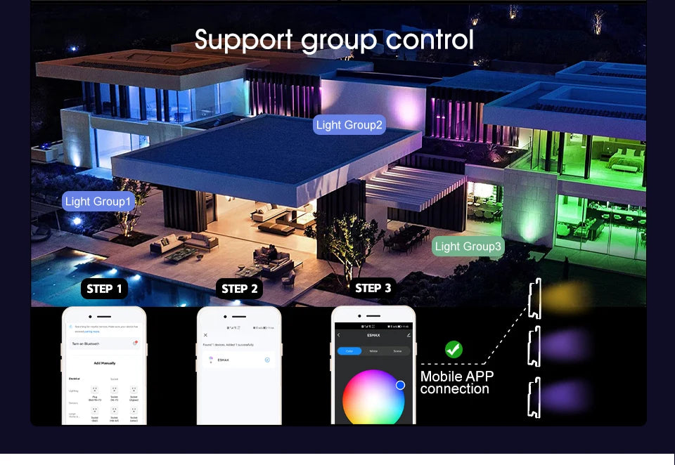 TUYA RGB christmas light, Customize outdoor lighting with mobile app or sequence settings, controlling up to three light groups.