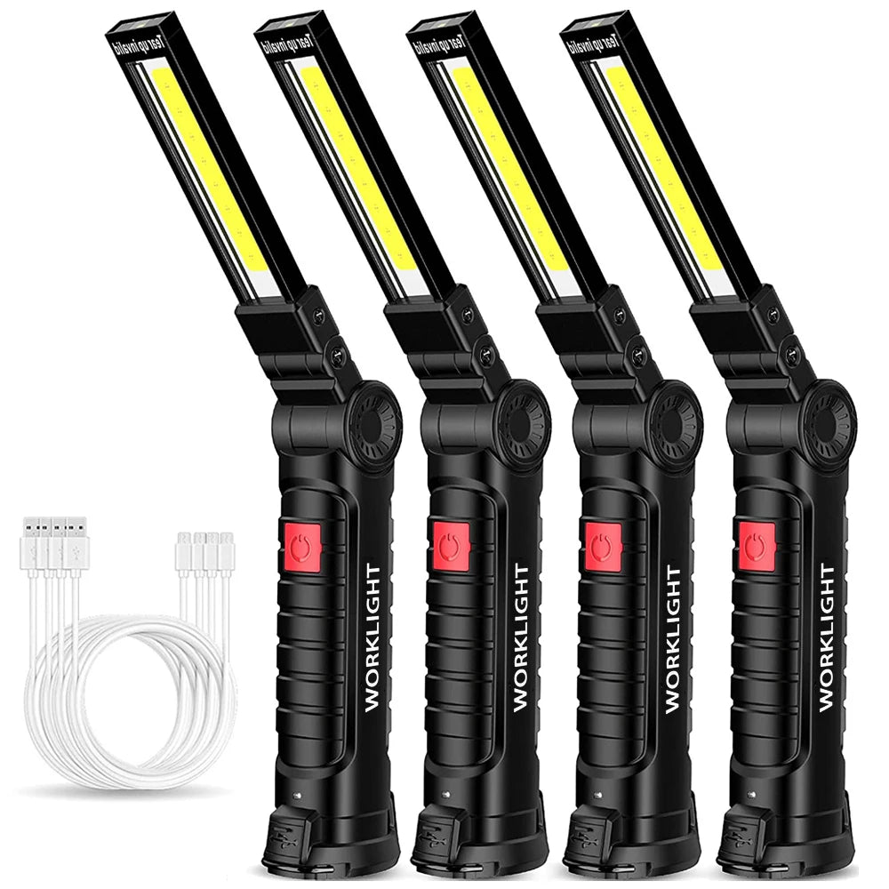 New Portable COB LED Flashlight, Rechargeable LED flashlight for camping and emergencies with magnetic base and hanging lamp features.