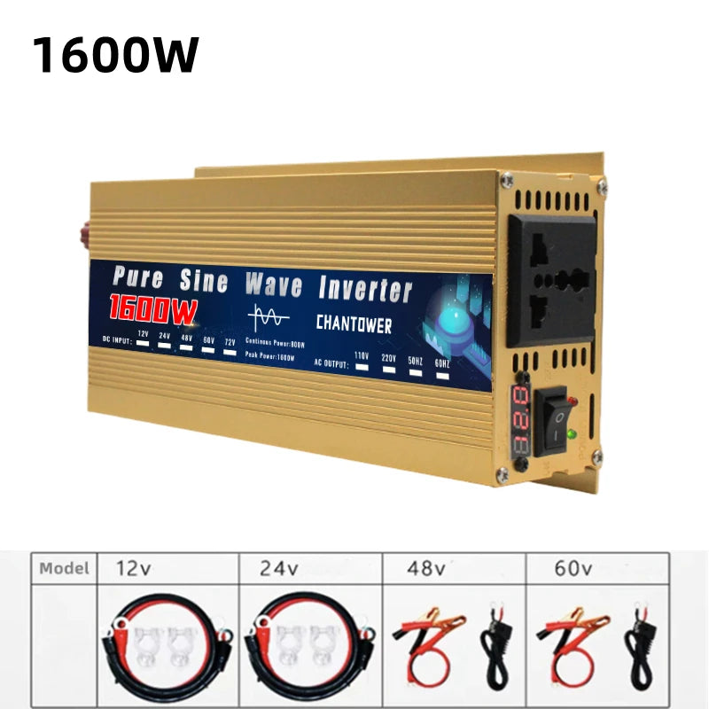Pure Sine Wave Inverter, Portable inverter providing 1600W pure sine wave output for camping, travel, or emergencies.