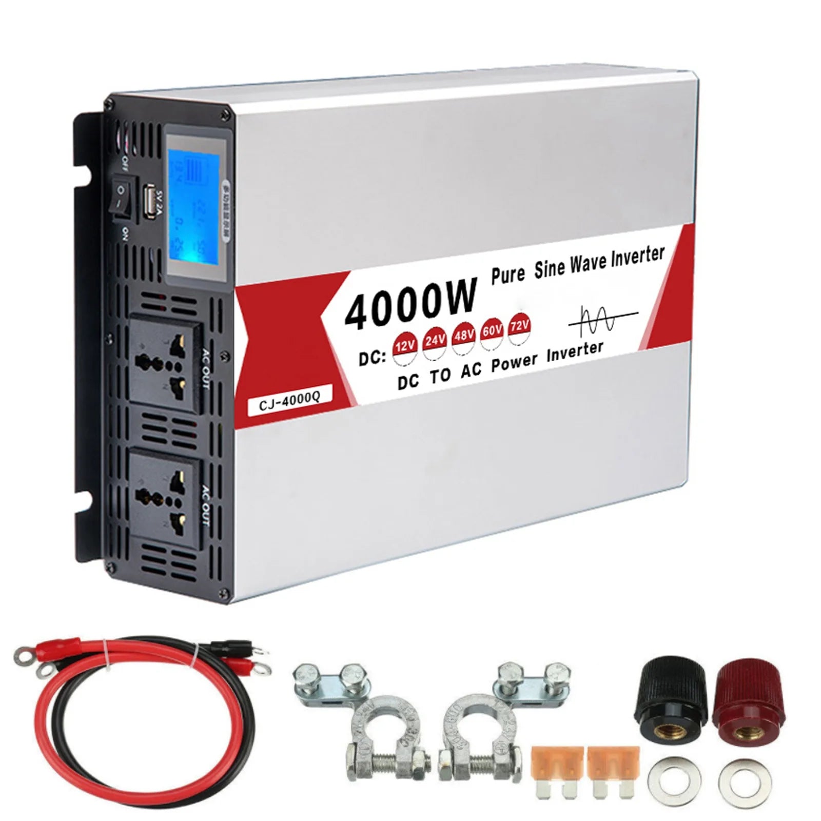 Pure sine wave inverter for DC to AC power conversion, supporting 60V inputs and producing 4000W at 220V.