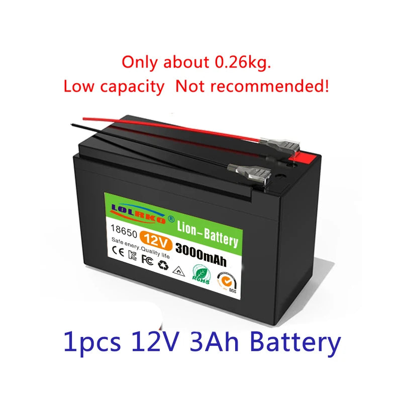 12V Battery, Rechargeable 12V, 3Ah battery pack with 18650 lithium cells for outdoor, solar, and lighting uses.