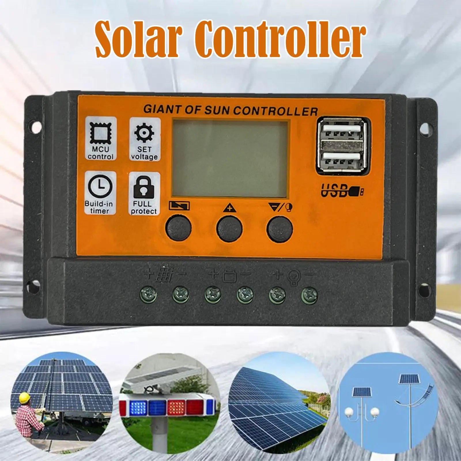 MPPT Solar Charge Controller, Smart solar charger controller with timer and protection features for safe battery charging and voltage regulation.