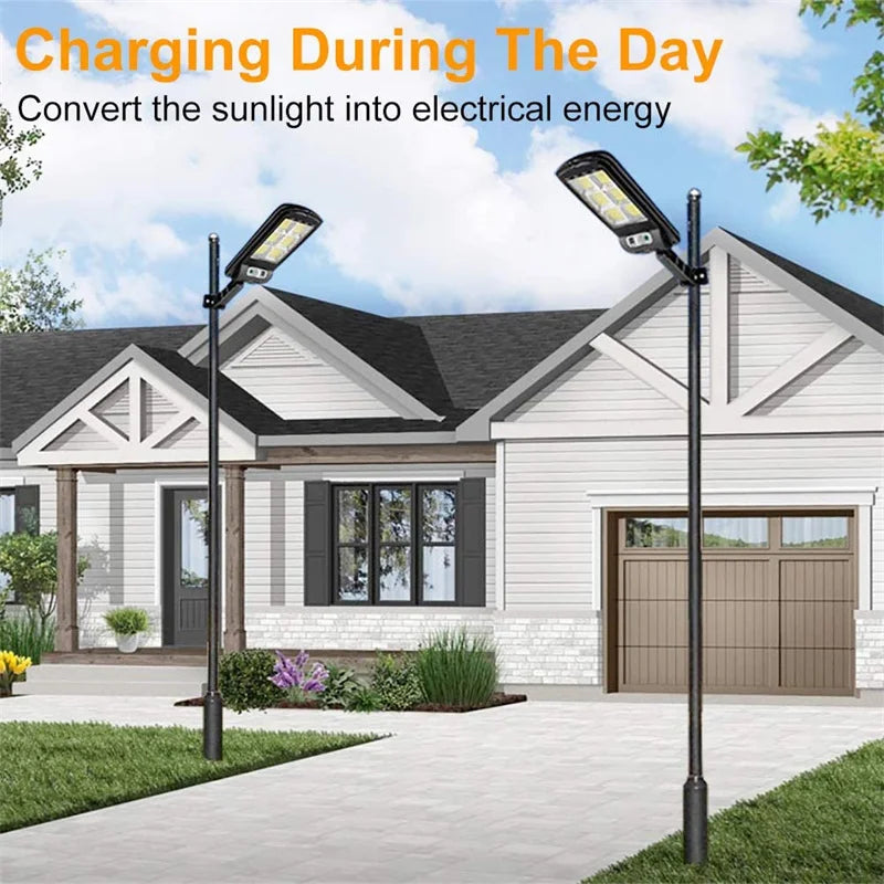 LED Solar Street Light, Charges during the day using solar power, converting sunlight into electrical energy.