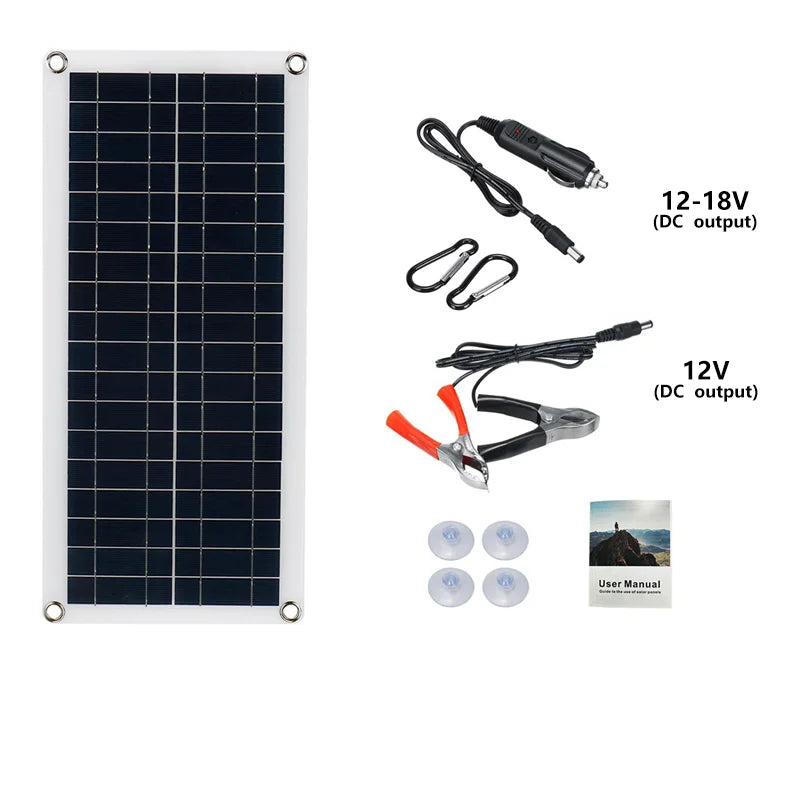 From 20W-1000W Solar Panel, Output: DC 12V (compatible with most devices), user manual included.