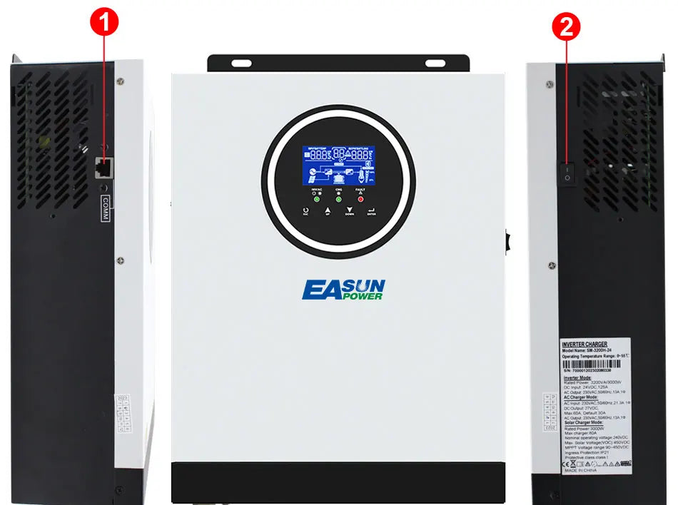 Easun Power 3200VA 3000W Solar Inverter, Hybrid Solar Inverter with MPPT, pure sine wave output, and WiFi support.