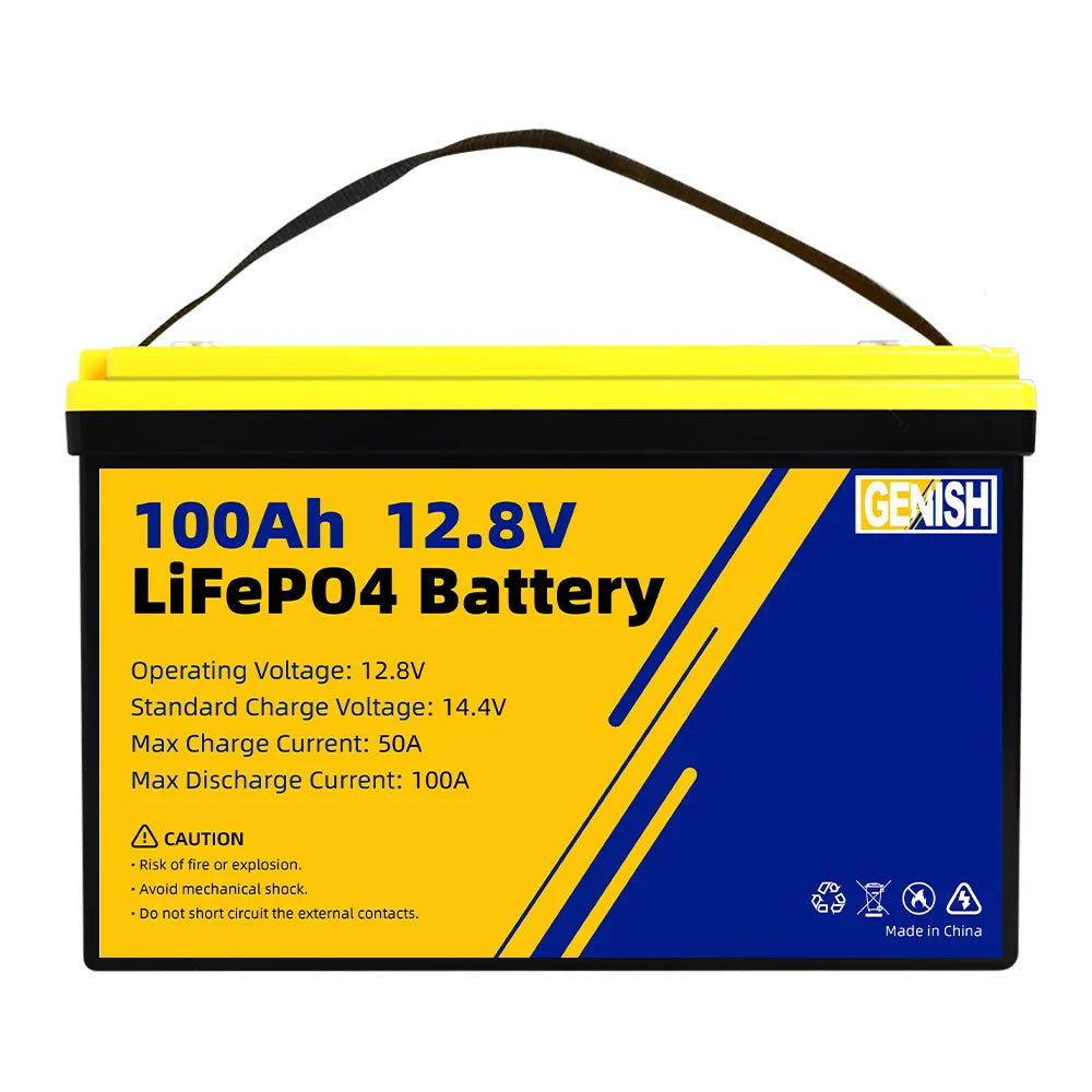 LiFePo4 battery specs: 12.8V operating voltage, 14.4V charge voltage, and 100A max discharge current; handle with care.