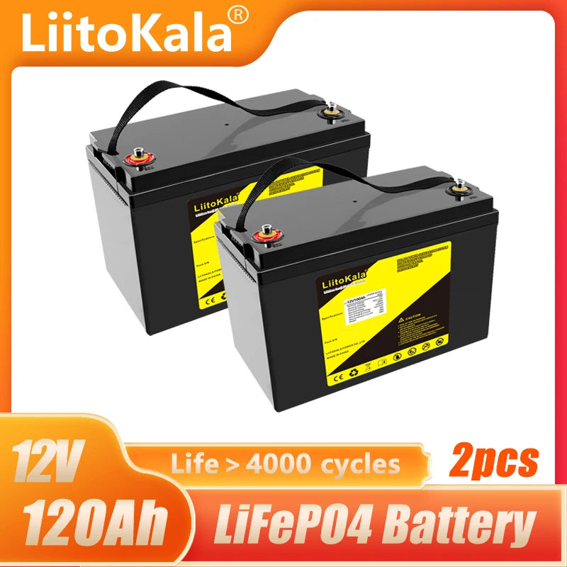 High-capacity rechargeable lithium-ion battery for camping and RVs with long lifespan and safety features.