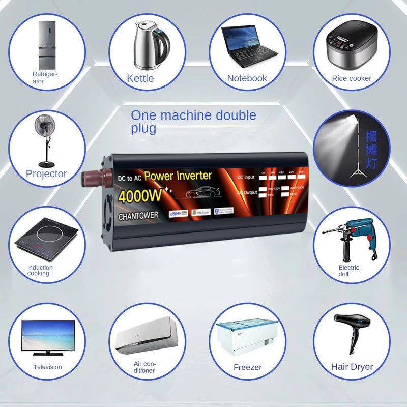 Solar Inverter, Converts DC power to AC for powering appliances, devices, and tools.