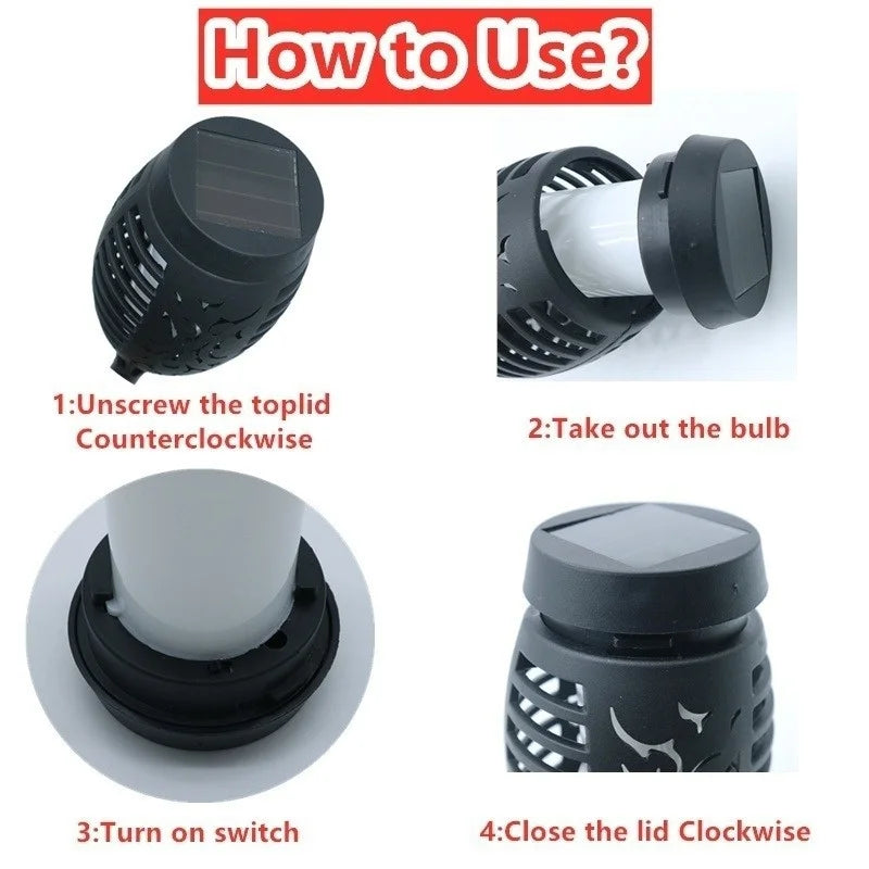 1/2/4/6/8/10/12Pcs Solar Flame Torch Light, Easy assembly instructions for outdoor lighting fixture, including unscrewing and replacing the top lid.