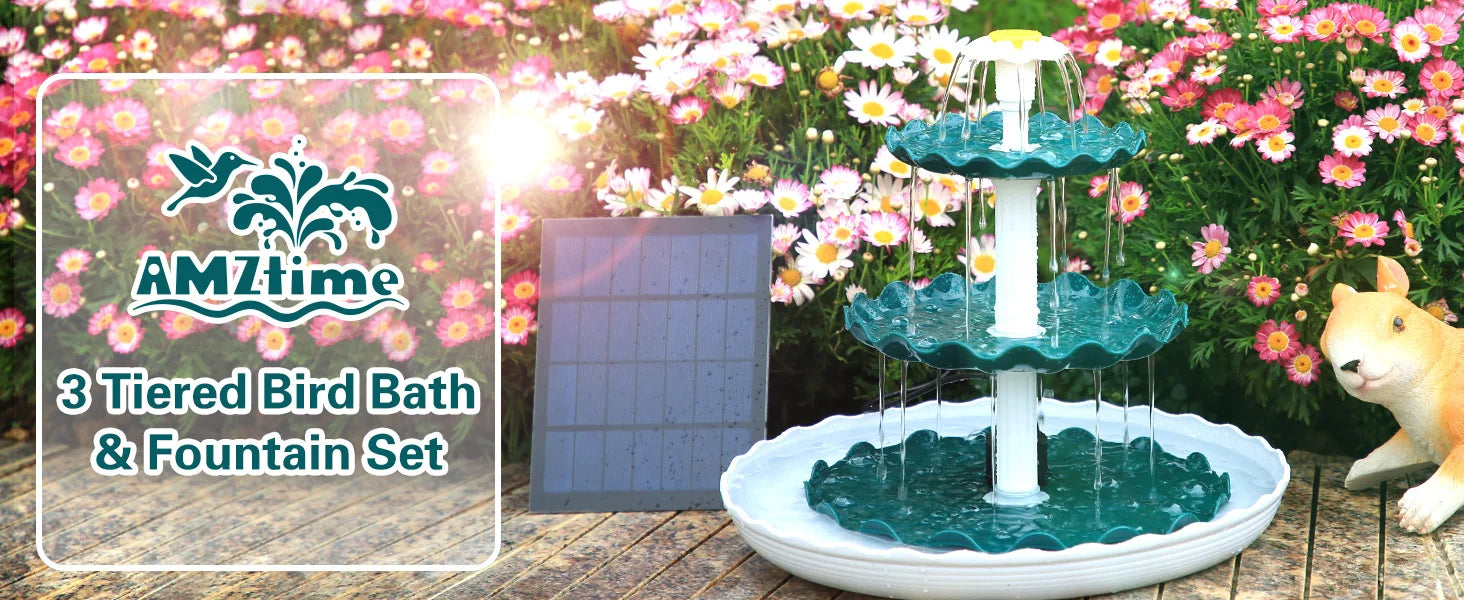 3 Tiered Bird Bath with 3W Solar Pump, Whimsical bird bath with solar pump, ideal for small spaces and easy to assemble.