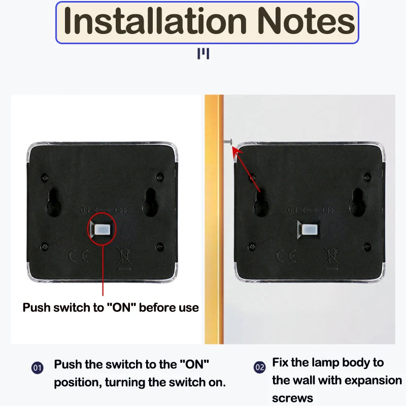 Led Solar Sunlight, Activate lamp by pressing ON button; then, attach to wall using expansion screws.
