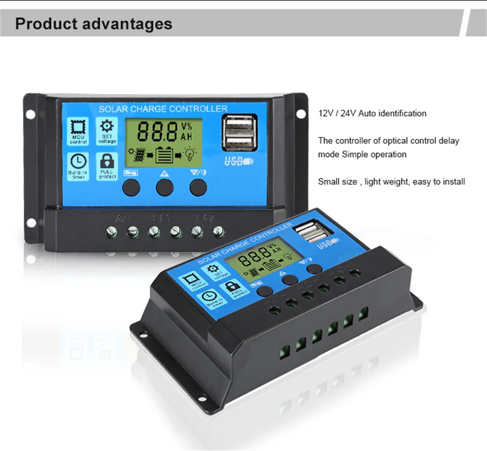 Upgraded 10A 20A 30A Solar Controller, Automated solar charger controller for 12V or 24V systems with USB monitoring and compact design.