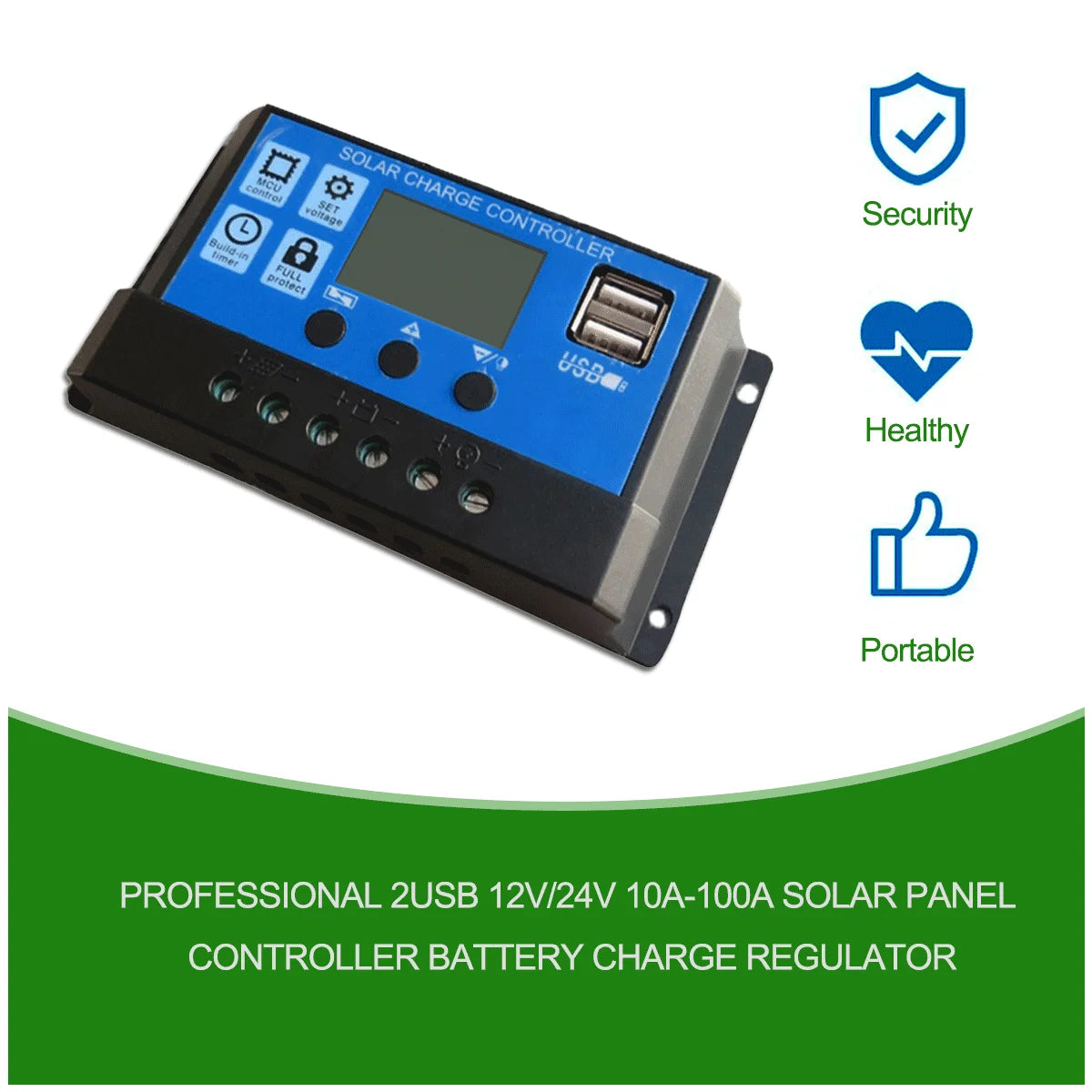 Professional Solar Panel Controller, Regulates solar panel charging for batteries, compatible with 2 USB devices, and suitable for 12V or 24V systems.