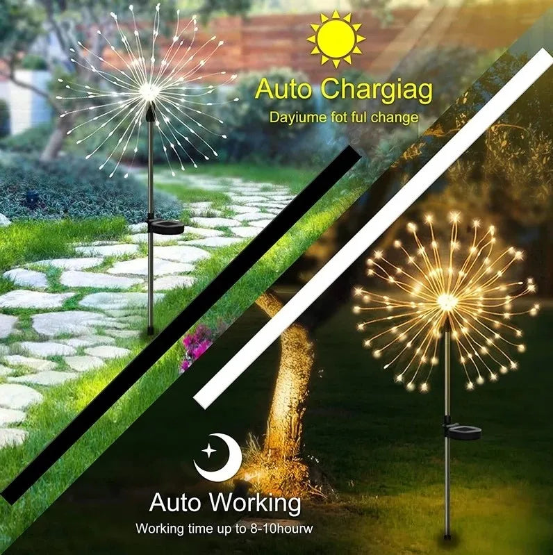 Solar String Firework Light, Automated charging system for bright lighting, adjusts to changing light modes and works for 8-10 hours.
