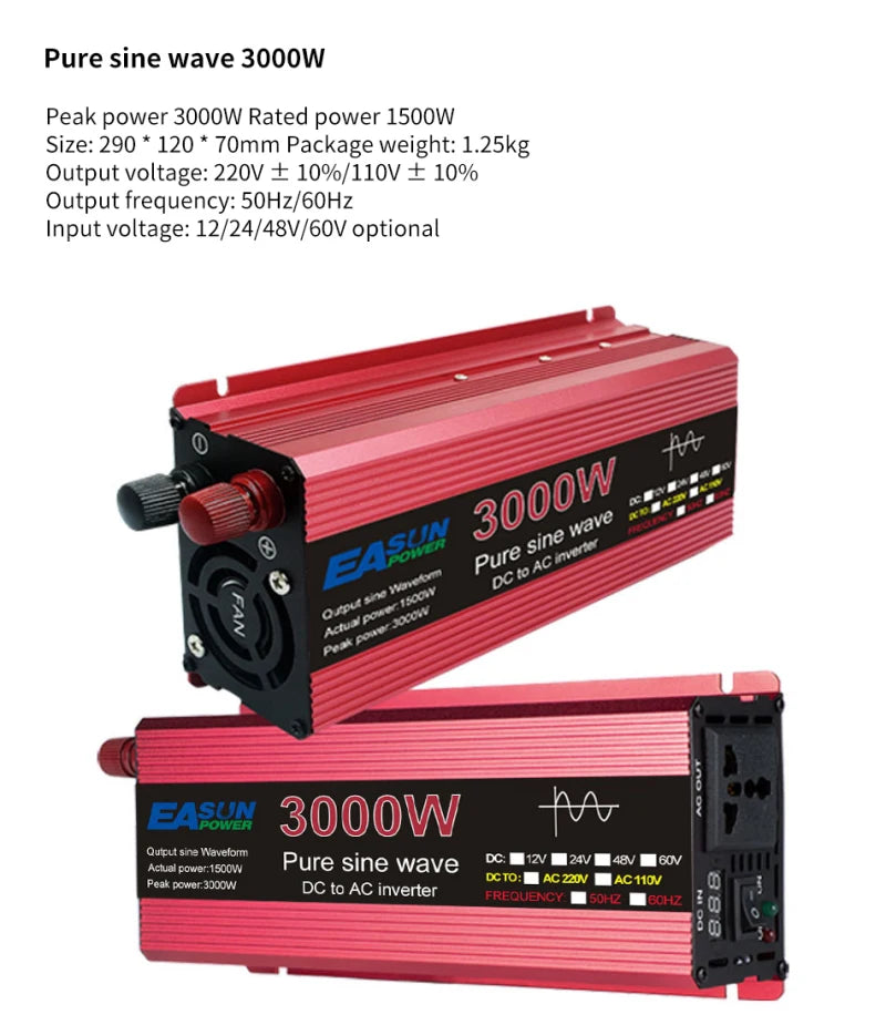 Pure Sine Wave Inverter, Inverter converts DC power to AC, 1500W max output, adjustable voltage/frequency for solar energy systems.