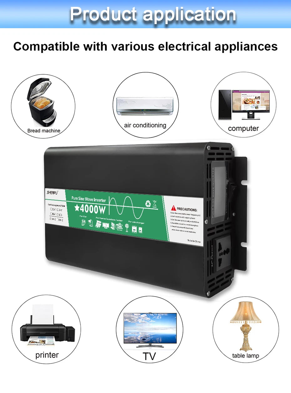 Pure sine wave inverter for powering various devices, such as AC units, electronics, and more.