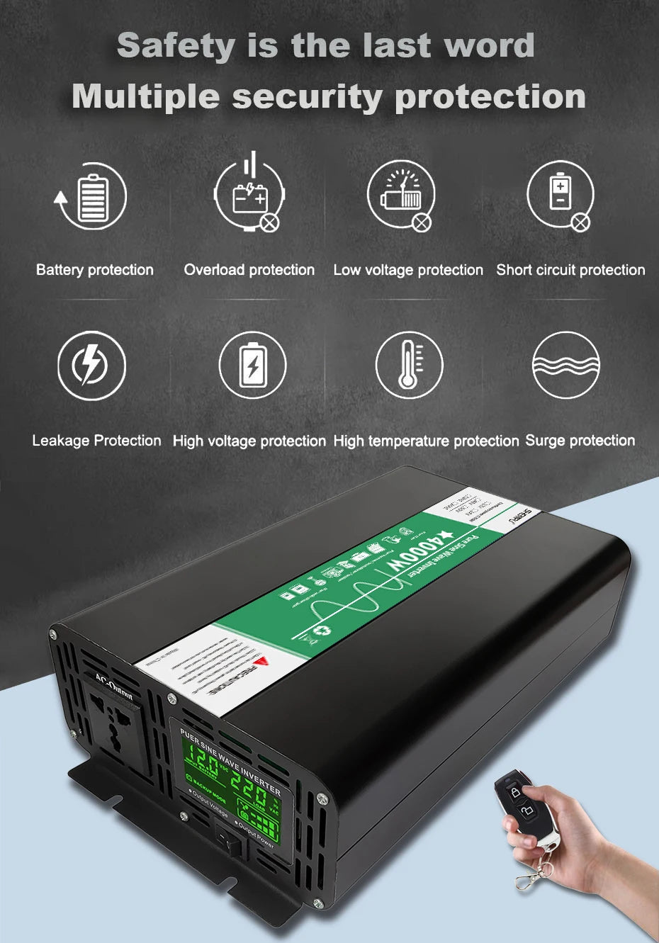 Pure Sine Wave Inverter, Multiple safety features protect against power surges, overheating, and other risks.