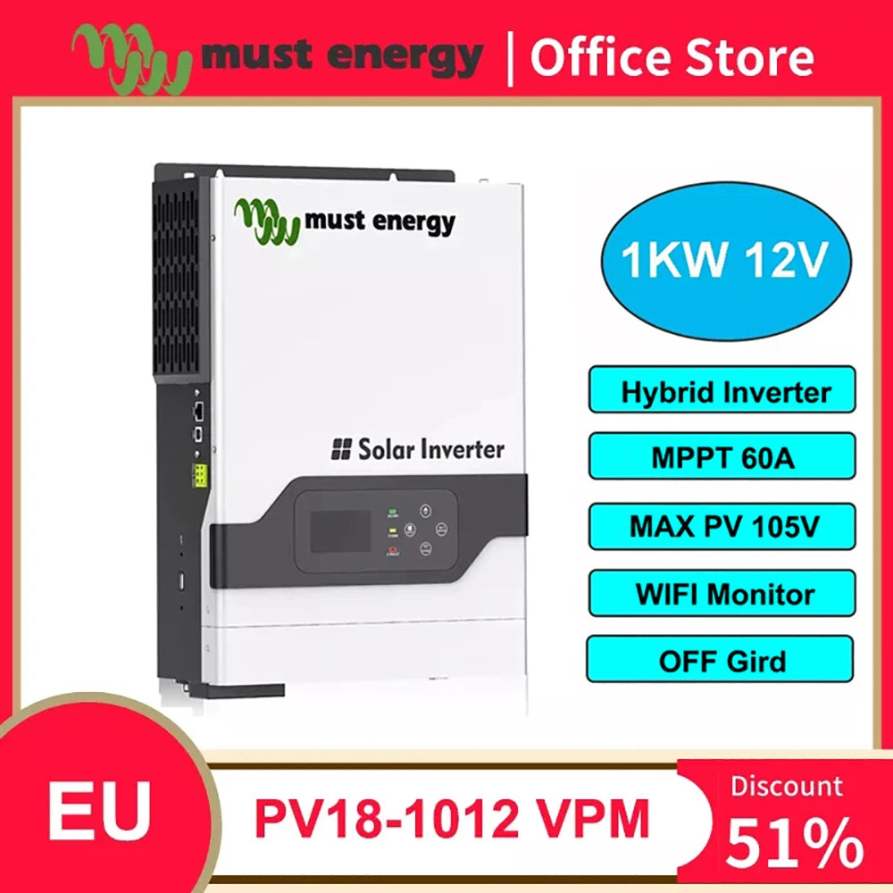 Must Energy's PV1800 hybrid inverter: 1kW power, 12V output, MPPT tech, and WiFi monitoring.