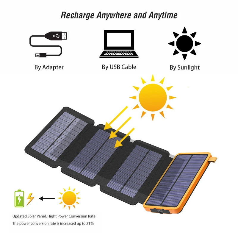 Portable solar power bank charges devices on-the-go with high-efficiency conversion.
