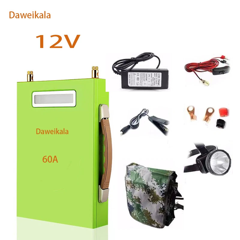 1Large capacity lithium battery, Rechargeable battery features nominal voltage 12.4V-12.6V with overcharge protection, up to 2800 cycles and operating range -20°C to 60°C.
