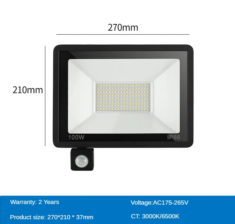 PIR Motion Sensor LED Flood Light, Waterproof, compact, and durable outdoor power source with IP66 rating.