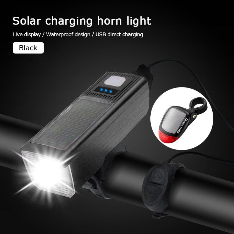 Solar-Fahrradlicht, USB-Lade-Fahrradlicht mit Fahrradhupe – wasserdichtes Fahrradlicht 2000 mAh als Powerbank mit 130 dB Hochtöner